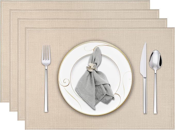 Niviy Beige White Placemats Set of 4, 12x18 Inch Washable Easy to Clean Heat-Resistant Anti-Skid Beige Placemats for Holiday Party Kitchen Dining Room Decoration