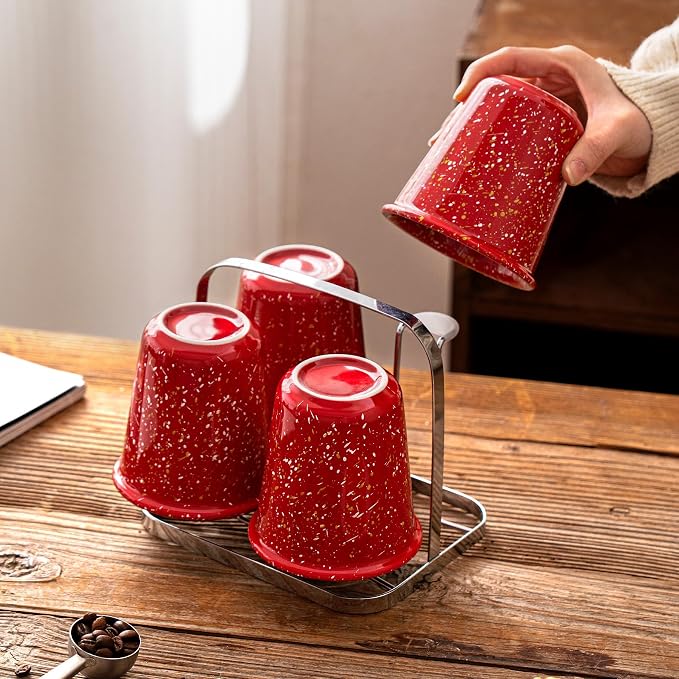 Coffee Cups Ceramic Farmhouse Speckled Handleless 10oz Set of 4, for Latte, Cappuccino, Mocha, Cocoa, Stackable, Drip-Free, Lead-Free, Microwave & Dishwasher Safe, Red