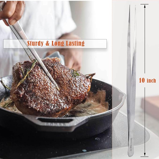 Professional Culinary Stainless Steel Precision Tongs with Serrated Tips, Plating/Food Presentation Detailing Serving Tongs, Chef's Kitchen Tweezer Tongs - Ultra Non-Slip Grip (10" STR Slim)