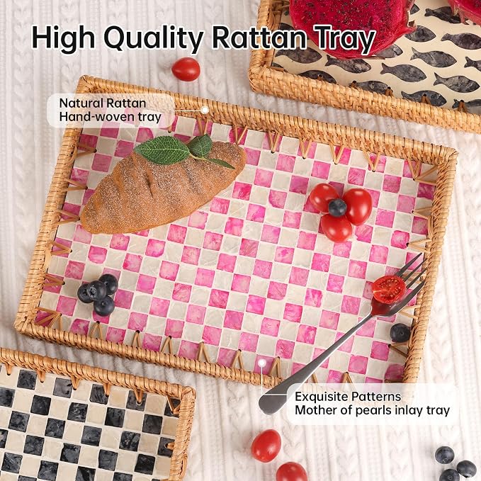 Rectangle Rattan Tray with Mother of Pearl Inlay, Rattan Serving Tray with Handle for Coffee, Bread, Fruits, Decorative Wicker Tray for Table Decor (Rectangle Pink Checkerboard, 13"×9")