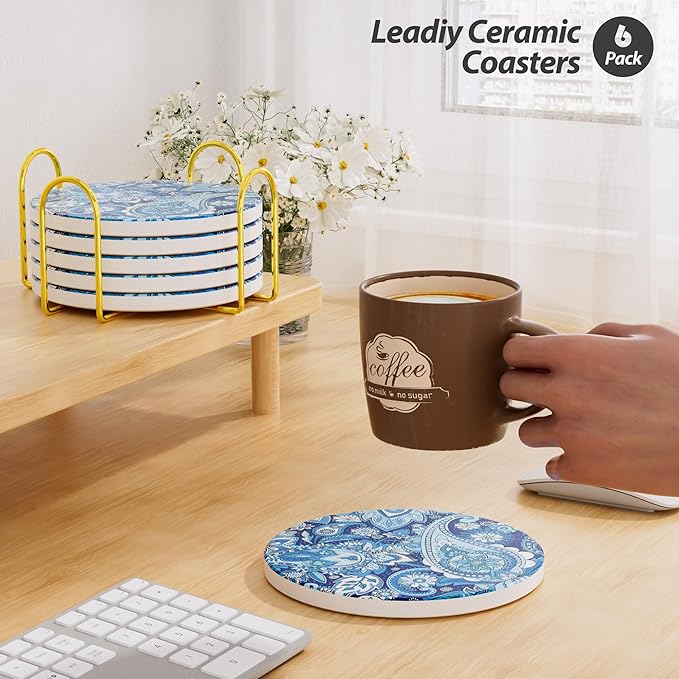 6Pcs/Set Marble Abstract Ceramic Coasters with Holder, Absorbent Drink Coasters, Coffee Cup Coaster,Round Ceramic Table Coasters Set Decorative