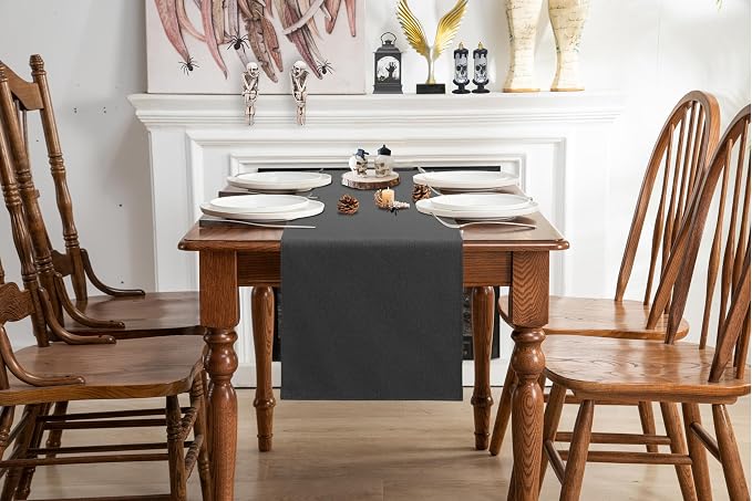 Black Grey Table Runner 13x72 Inches Long, Cotton Linen Farmhouse Style Seasonal Dresser Scarf for Kitchen Dining Coffee Table Parties Wedding Home Decor (13” x 72”, Black Grey)