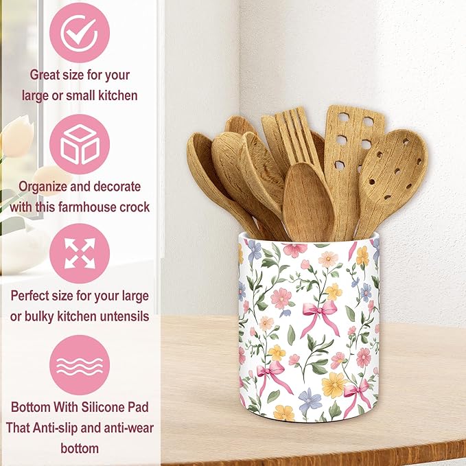 JarThenaAMCS Spring Floral Bow Ceramic Utensil Holder Pink Bow Flower Utensil Crock for Home Kitchen Countertop Storage Organizer Container