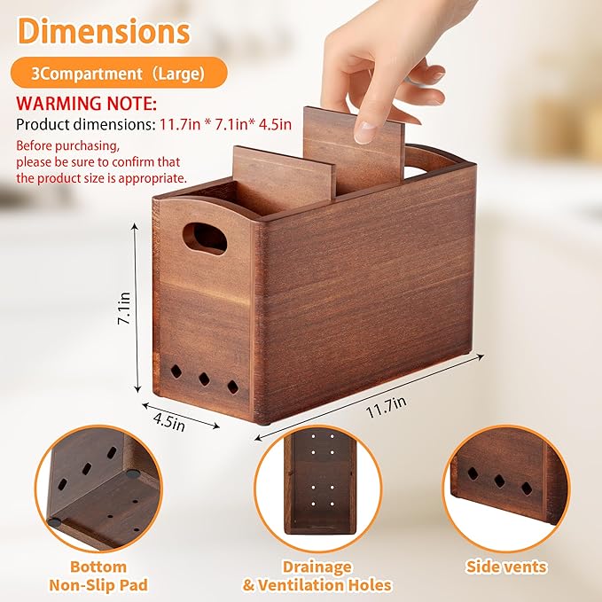 Natural Acacia Wood Utensil Holder for Kitchen Counter (Large), 3 Compartment with Removable Dividers 11.7"x7.1"x4.5", Large Cooking Utensil Organizer - Anti-Scratch Bottom