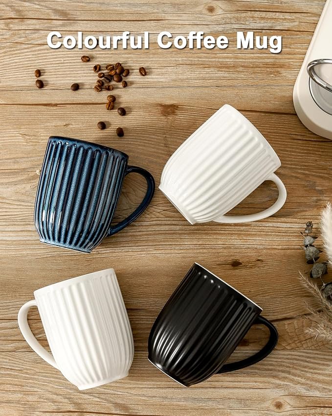 Hasense Porcelain Coffee Mug Set of 2, 20 Oz Large Coffee Mug, Ceramic Latte Cup with Handle, Modern Ribbed Design Tea Cup for Coffee, Cocoa, Wedding, Housewarming Gift, White