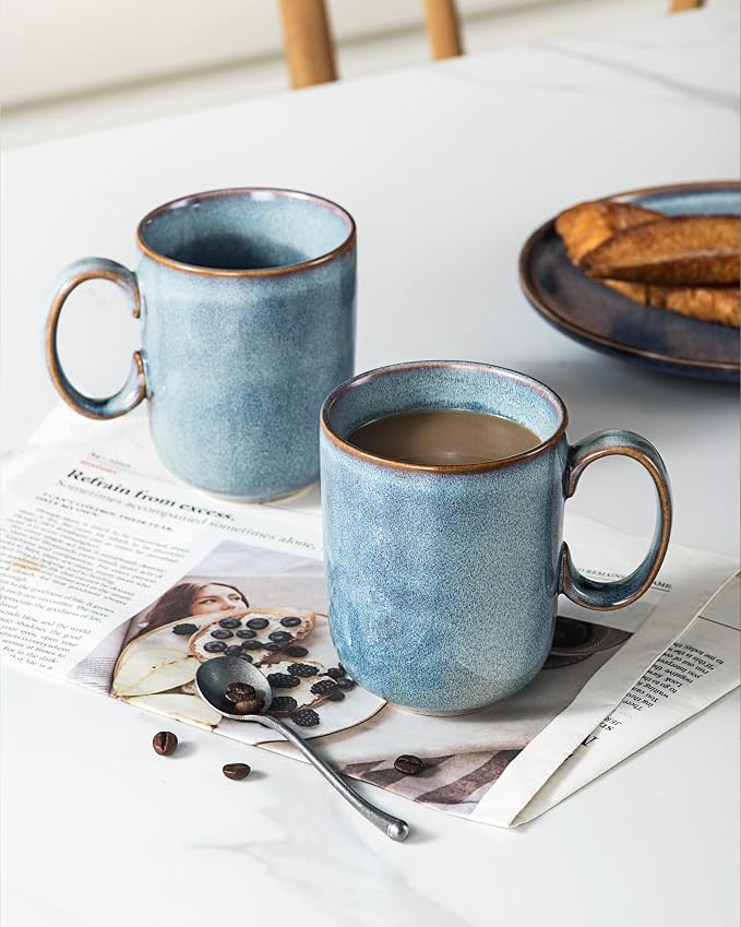 UNICASA Coffee Mug - 14 oz Ceramic Tea Cups Set of 4, Porcelain Cereal, Drinking Cups with Large Handle for Coffee, Tea, Milk, Latte and Cocoa, Soup Mug Gift Set for Men & Women - Light Blue