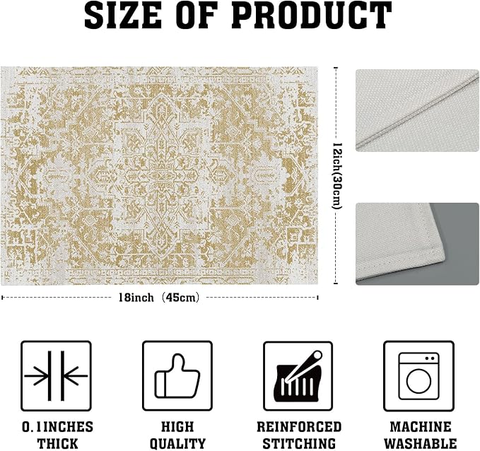 Gray Tan Boho Placemats Set of 6 Ethnic Bohemian Carpet Place Mats Washable Kitchen Dining Vintage Grey Geography Floral Linen Table Mats Stain Heat-Resistant for Home Party Indoor 12x18 in