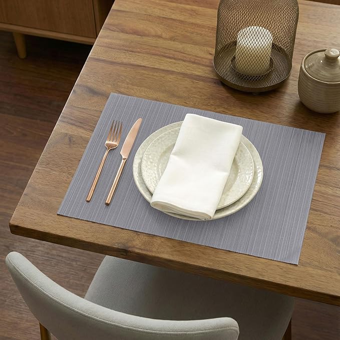 AHHFSMEI Placemats Set of 6 Woven Vinyl Non-Slip Heat Resistant Stain Resistant Easy Clean Place mats for Dining Table(Grey)