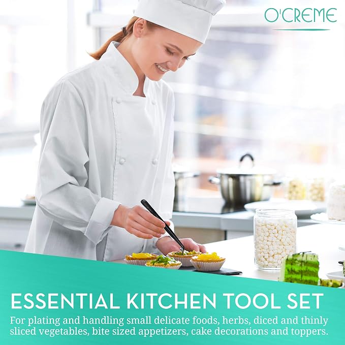 O'Creme Stainless Steel Precision Kitchen Culinary 8 Inch Tweezer Tongs (8" Curved, Black)