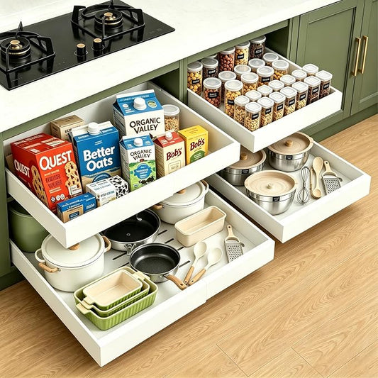 Expandable Pull Out Cabinet Organizer, No-Drill Pull Out Drawers, Roll-Out Shelf with Adhesive Pad & 3 Slide Rails for Framed Cabinets, Kitchen Pantry, 21" Deep, 12.2"-20.4", White, 4 Pack