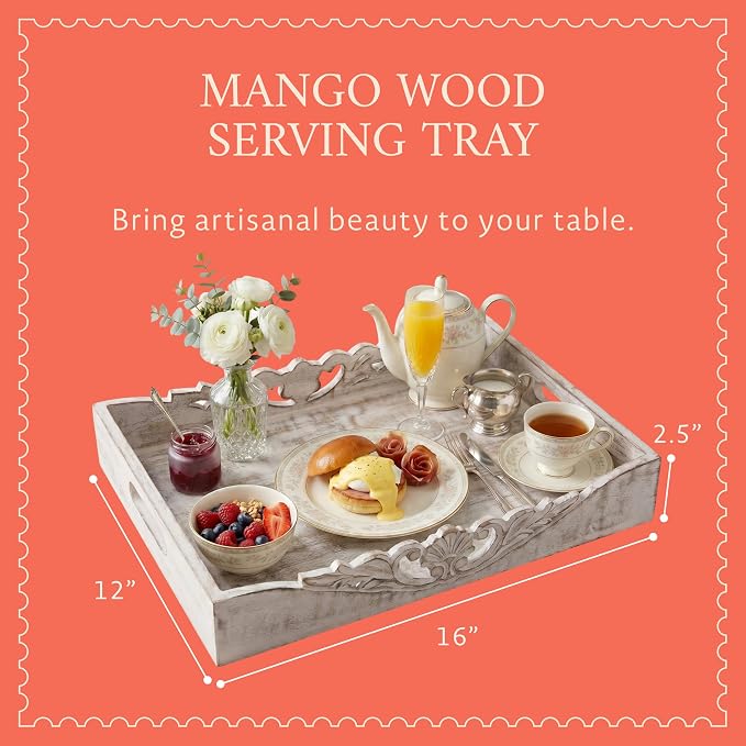 Mela Artisans 16” x 12” x 2.5” Mango Wood Orchid Serving Tray with Handles – Ottoman Distressed White– Large Handcrafted Wooden Serving Board for Coffee, Snacks & Home Décor