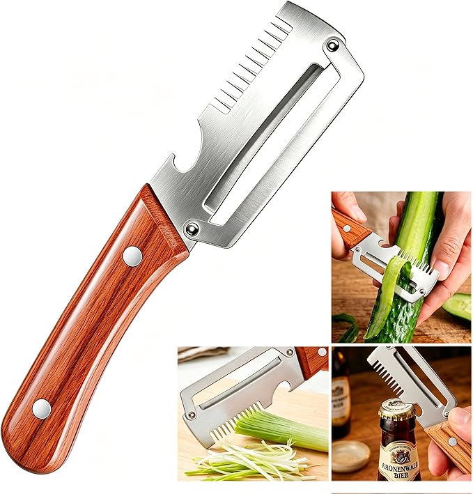 Multifunctional Vegetable Peeler for Kitchen,3 in 1 Stainless Steel Peeler with Wooden Handle and Bottle Opener Fruit Peeler Knife Scallion Shredder,Zero Snag Wooden Kitchen Tool