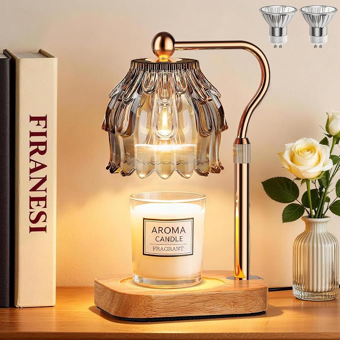 Candle Warmer Lamp with Timer Dimmer, Modern Wax Warmer for Scented Wax Jar Candle Warmer with 2 Bulbs, Adjustable Height Glass Lamp for Gifts for Women, House Warming Gifts, Home Decor, Gold Grey