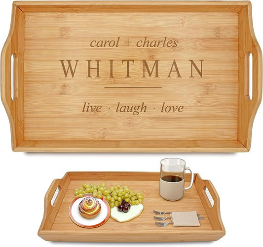 Personalized Bamboo Wood Serving Tray with Handles, Engraved Wooden Trays, Wedding Gifts, Housewarming Gifts (Whitman)