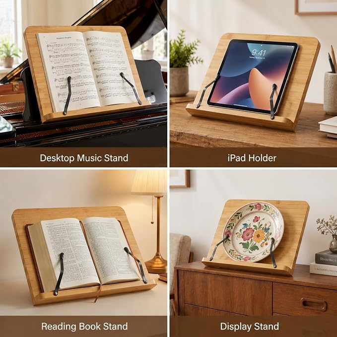 Solid Wood Book Stand – Hands-Free Cookbook & Recipe Book Holder for Kitchen Counter, Tablet Stand, Desktop Music Stand Bible Stand, Cook Book Stand, Stylish Kitchen Counter Decor & Plate Display