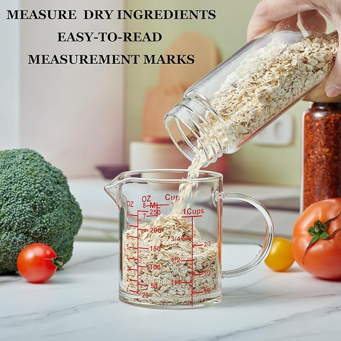Ackers Mirror Graduated Glass Measuring Cup - [Insulated Handle | V-Shaped Spout] - High Borosilicate Glass Measuring Cup for Kitchen or Dining, Easy to Read, 250ml (8oz, 1 Cup)