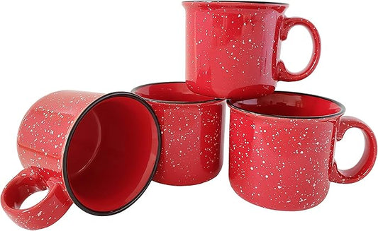 14oz Ceramic Campfire Coffee Mug (Set of 4), Red with Speckled Finish - Durable Thick Walled Camping Style Cup for Outdoors or Home