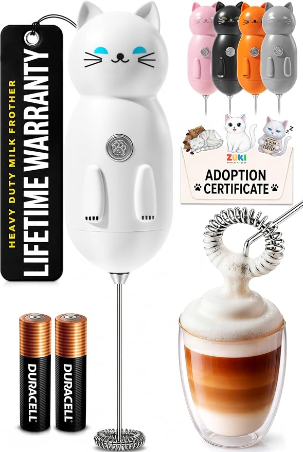 Zulay Kitchen Cat Milk Frother Wand – Cutesy Frother, Meet Your New Frothing Buddy Luna The Cat, Adoption Papers and Stickers Included, Purrr-fect for Lattes, Cappuccino & Matcha – White
