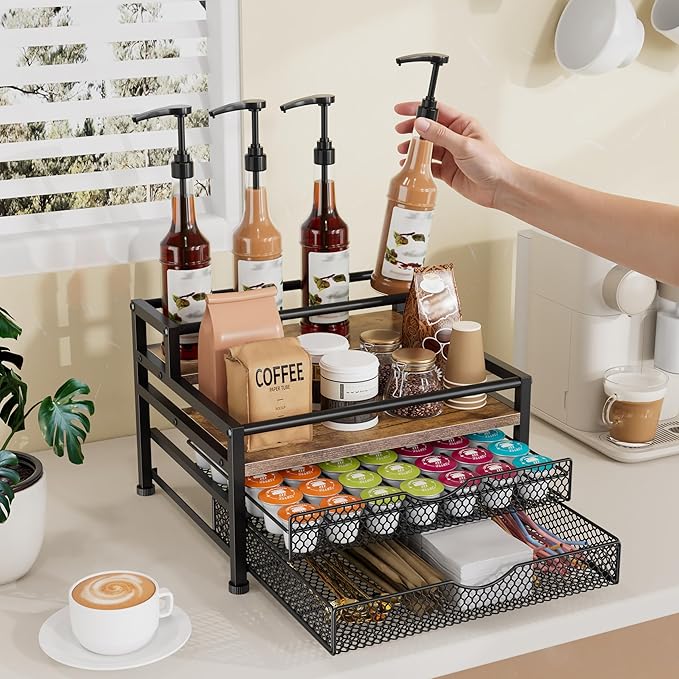 4 Tier Coffee Syrup Rack Organizer, Coffee Bar Organizer for Countertop, Coffee Station Organizer with 2 Sliding Drawers for Pods, K Cup Holder, Stirrer and Condiment, Brown
