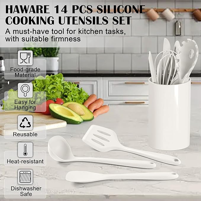 HaWare Kitchen Utensils, 14 PCS Silicone Cooking Utensils Set, Heat Resistant Kitchen Utensils for Non-stick Cookware, Kitchen Gadgets Tools with Spoons, Spatulas, Whisk, Dishwasher Safe (White)