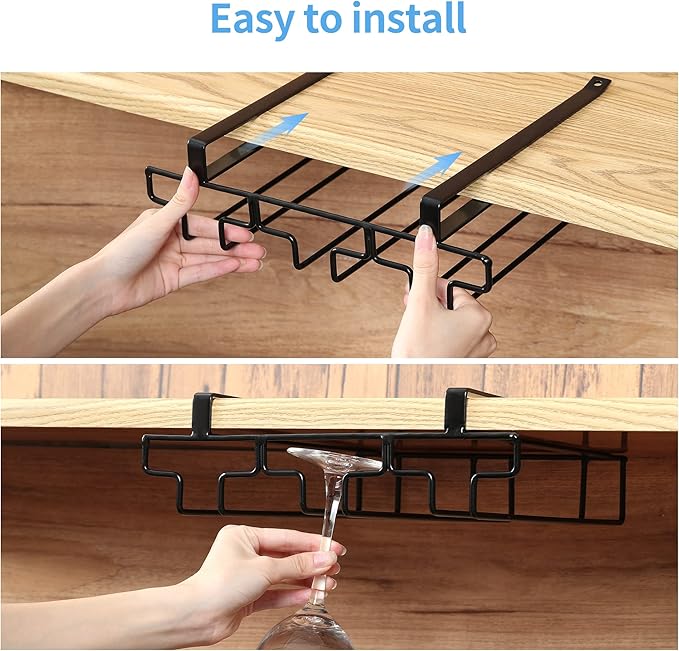 Wine Glass Rack Under Cabinet Drilling Free No Screw Steamware Holder Under Shelf Metal Wine Glasses Holders 304 Stainless Steel Hanger Storage Organizer Hanging Glass Fit for Bar Kitchen 2 Rows Black