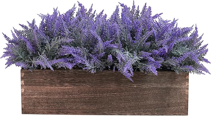Winlyn 14" Artificial Lavender Flowers Plants in Rectangular Wooden Planter Box Faux Frosted Lavender Potted Arrangements Floral Centerpiece for Farmhouse Home Wedding Table Centerpiece Mantel Décor