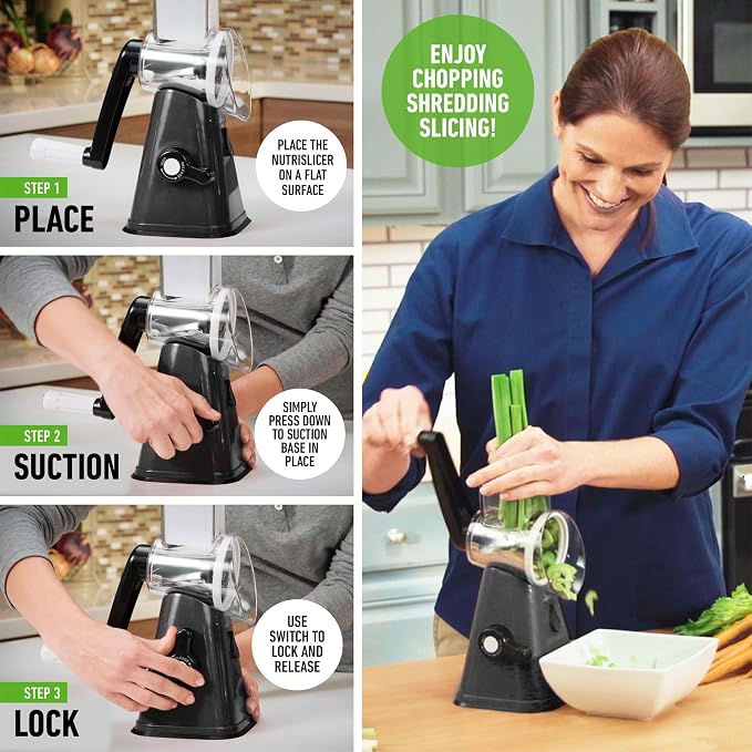 Rotary Cheese Grater with Handle, Cheese Grater Hand Crank, Fast Cutting Grater for Kitchen with 3 Interchangeable Blades, Vegetable Slicer, Cheese Shredder with Suction Cup Base, Dishwasher Safe