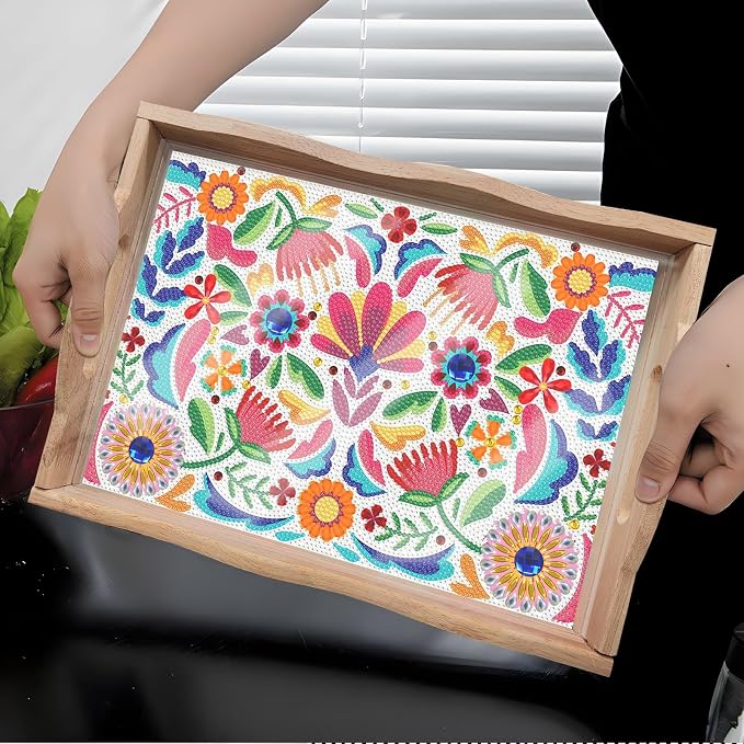 Generic DIY Diamond Serving Tray Rectangular Upgrade Increase Breakfast Tray with Handles Handmade Diamond Art Painting Wooden Tray Dinner Plate for Coffee Living Room Home Organizer-Pattern01