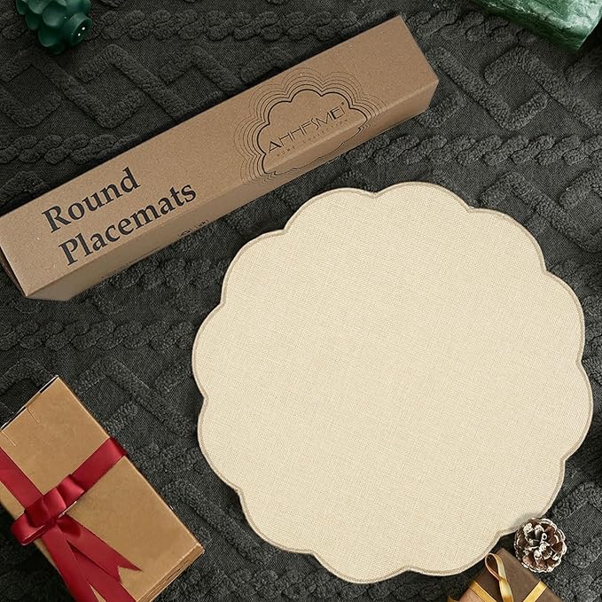 AHHFSMEI Round Faux Linen Placemats Set of 6 Waterproof Table Mats Heat Resistant Non-Slip and Stain Proof for Kitchen Dining Elegant Decor (Beige,6)