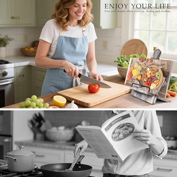 Cookbook Stand Recipe Book Holder for Kitchen Counter, Solid Wood Wooden Recipe Stand Keeps Cookbooks Open, Fits iPad & Tablet, Book Holder for Cooking, Kitchen & Dining Room