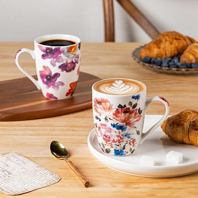 GBhome 12oz Coffee Mugs Set fo 6, Ceramic Coffee Mugs with Decaled Flowers for Man Woman Mom Dad, Light Weight Coffee Mugs Set for Latte/Cappuccino/Cocoa/Milk, Dishwasher & Microwave Safe