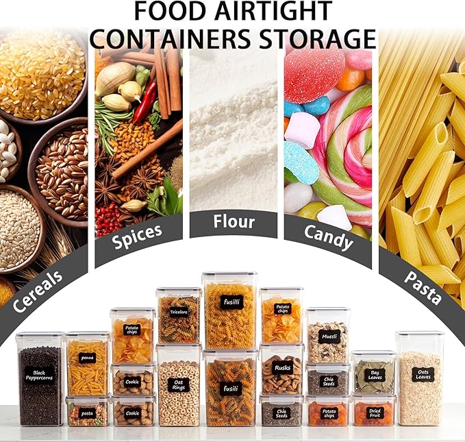 36 PCS Airtight Food Storage Containers with Lids, BPA Free Clear Plastic Kitchen and Pantry Organization and Storage Set for Flour, Sugar, Cereal, Pasta, Includes 36 Labels and Marker