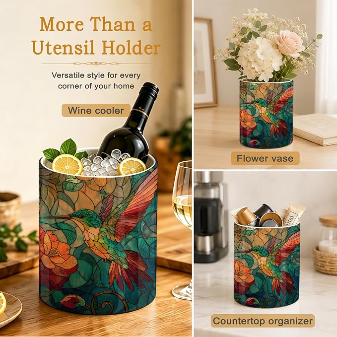Hummingbird Kitchen Utensil Holder,Vintage Flowers Large Ceramic Utensil Crock Organizer for Spatulas,Spoons and Cooking Tools,Kitchen,Home Decoration 6.3"
