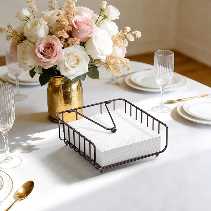 Napkin Holder for Table with Weighted Arm, Dinner Metal Flat Napkin Holders for Paper Napkins, Outdoor Napkin Dispenser Restaurant (Bronze)
