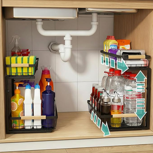 Under Sink Organizer, 2 Tier Pull Out Cabinet Organizers and Storage for Kitchen Bathroom Pantry Laundry, Adjustable Height, Slide Out Thickened Metal Storage Shelf (Black, 1 Pack)