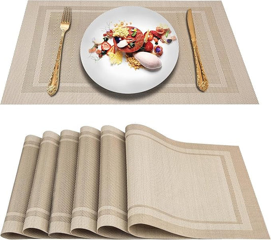 DACHUI Placemats Set of 6, Linen Look Woven Place Mats, Water Resistant, Heat Resistant, Washable, Durable Table Mats (Beige)
