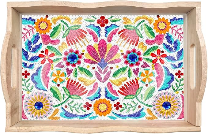 Generic DIY Diamond Serving Tray Rectangular Upgrade Increase Breakfast Tray with Handles Handmade Diamond Art Painting Wooden Tray Dinner Plate for Coffee Living Room Home Organizer-Pattern01