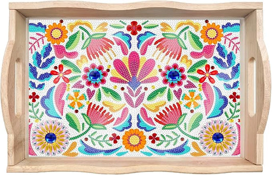 Generic DIY Diamond Serving Tray Rectangular Upgrade Increase Breakfast Tray with Handles Handmade Diamond Art Painting Wooden Tray Dinner Plate for Coffee Living Room Home Organizer-Pattern01