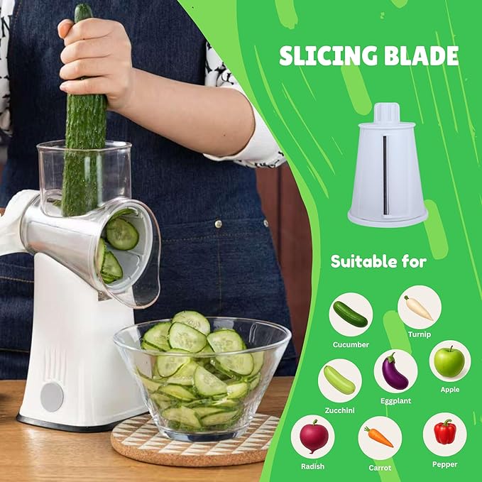 Rotary Cheese Grater - Vegetable Slicer Hand Crank, Fruit Cutter, Carrot Shredder, Nuts Grinder with 5 Stainless Steel Blades - Safe & Strong Suction Base with Handle