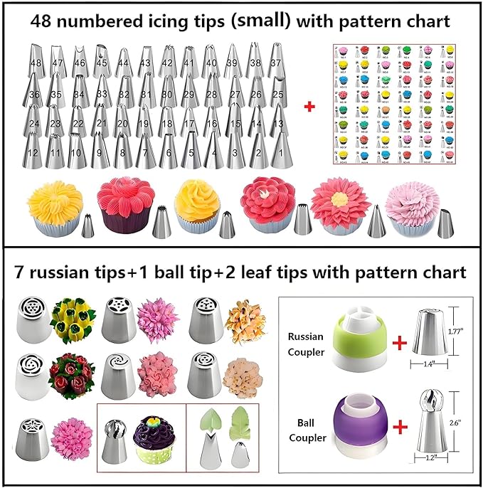 Cake Decorating Kit, 357 Pcs Baking Supplies Tools with Aluminium Cake Turntable, Leveler, 50 Icing Tips, 8 Russian+Ball Tips, 2 Spatulas, 3 Scrapers, 102 Pastry Bags, 109 Cupcake Liners & More