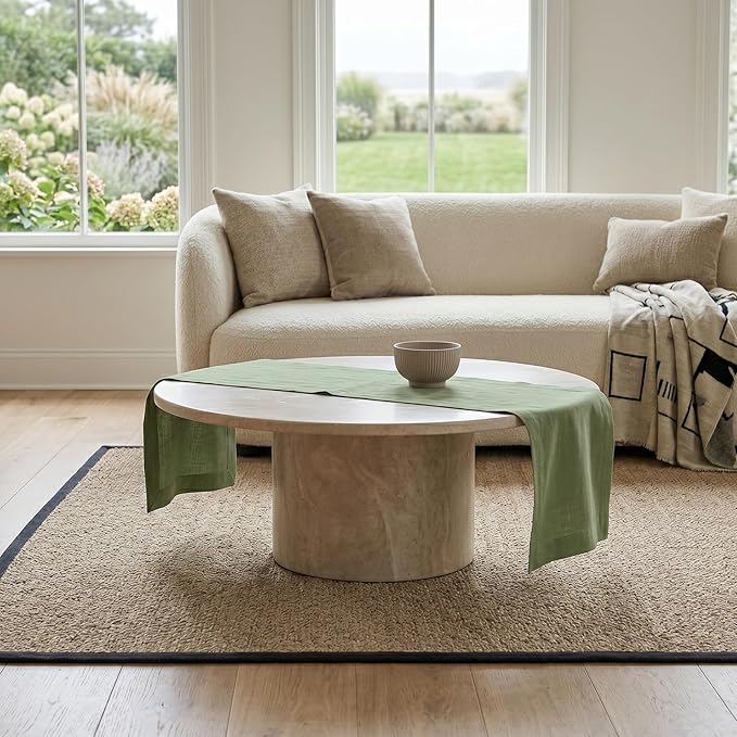 Solino Home Linen Table Runner 48 Inches - 100% Pure Linen Oil Green Table Runner 14 x 48 Inch Ideal for Dresser and Coffee Tables - Spring, Summer - Fete
