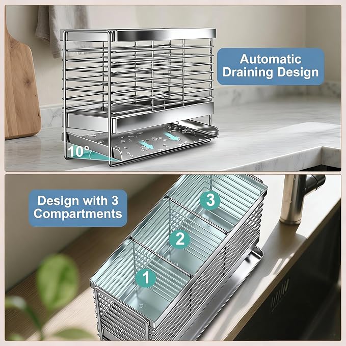 Utensil Holder, Upgrade Stainless Steel Utensil Drying Rack with Automatic Drain Tray for Kitchen Counter, Silverware Cutlery Organizer for Spoons, Forks, Knifes, Chopsticks (Silver)
