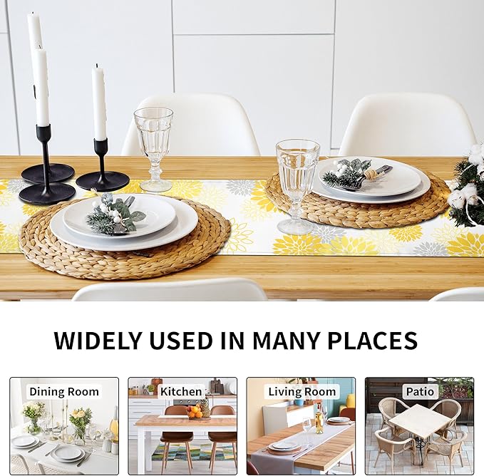 Dahlia Flower Table Runner 13x36 Inch Farmhouse Yellow Gray Runners Modern Table Decorations Rustic Geometric Coffee Table Runner for Home Kitchen Dining Room Party (13"x36", Dahlia Floral-Yellow)