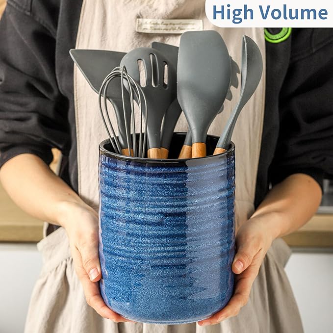HASENSE Ceramic Kitchen Utensil Holder, 7.4" x 6.2" Large Countertop Utensil Crock, Stable Cooking Utensil Organizer for Spatulas, Spoons, Whisks & Tools, Modern Blue Kitchen Decor