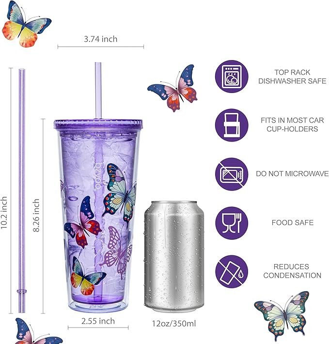 bzyoo SIP 24oz (710ml) Double Wall Plastic Tumbler with Lid and Straw Cold Drink Travel Mug Reusable Party Cup Perfect for Ice Coffee, Tea Office Poolside Parties Gifts Color: Butterfly Purple