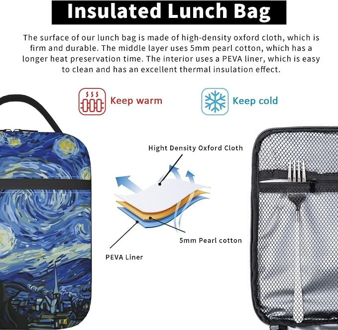 Night Sky The Starry Night Insulated Lunch Bag Portable Reusable Zipper Lunch Box For Men Women Work Picnic Travel Camping