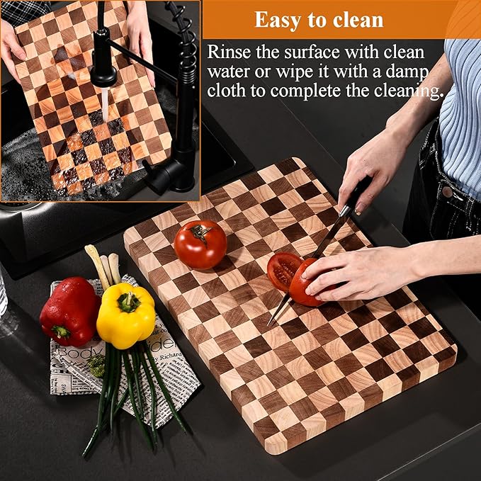 Wood Cutting Board for Kitchen,Dishwasher Safe Checkered Chopping Board with Juice Groove& Handles Thick Wooden Board for Meat Vegetables Fruit Ideal Gift for the Home(15.7"x11"x1")