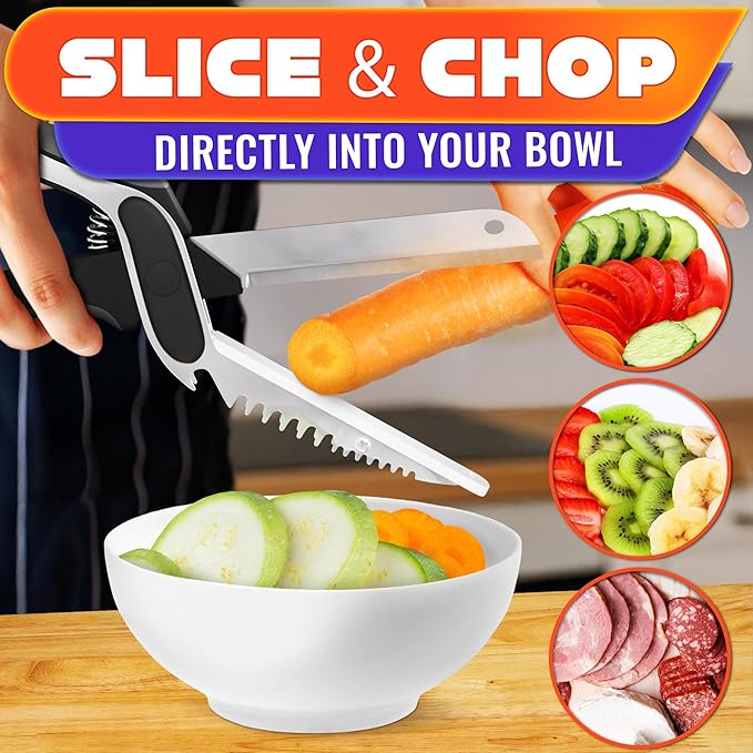 Cutting Board Scissors for Food – 7-in-1 Kitchen Food Scissors with Ribbed & Flat Blades for Easy Meat, Fruits & Veggies Cutting and Decorative Slicing – Easy To Clean Kitchen Shears with Safety Lock
