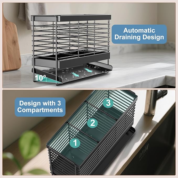 Utensil Holder, Upgrade Stainless Steel Utensil Drying Rack with Automatic Drain Tray for Kitchen Counter, Silverware Cutlery Organizer for Spoons, Forks, Knifes, Chopsticks (Black)