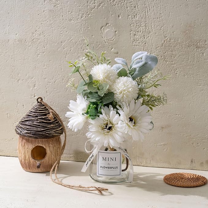 LADADA White Artificial Daisy Flower Set Glass Vase Table Centerpiece Home Decor